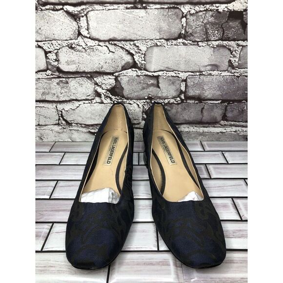 Karl Lagerfeld PARIS Charee Navy Black Floral Fabric Block Heels Women Sz 8M US - Picture 2 of 16